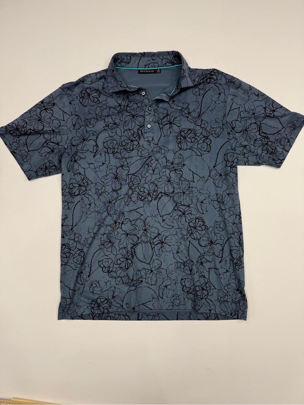 Devereux Golf Gray Teal Hibiscus Floral Performance Polo Shirt Mens Medium